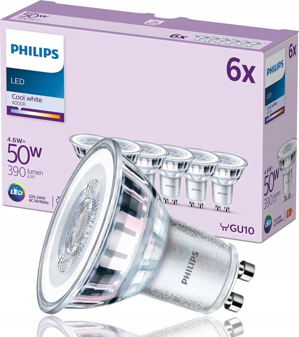 Signify Philips LED classic Lampe 50W GU10 Zimna biel 390 lm Srebrny 6erP