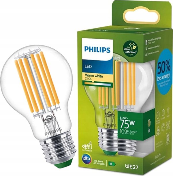 Philips LED Λάμπα Classic A-Label 75W E27 Διαφανής, Θερμό Λευκό, Μη Ρυθμιζόμενη