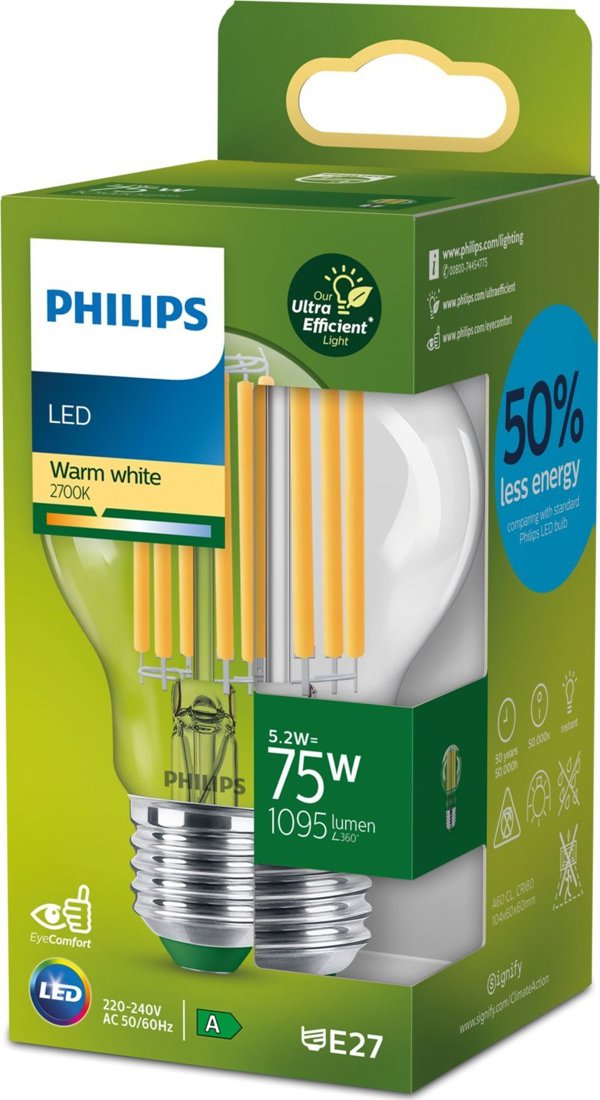 Philips LED Λάμπα Classic A-Label 75W E27 Διαφανής, Θερμό Λευκό, Μη Ρυθμιζόμενη