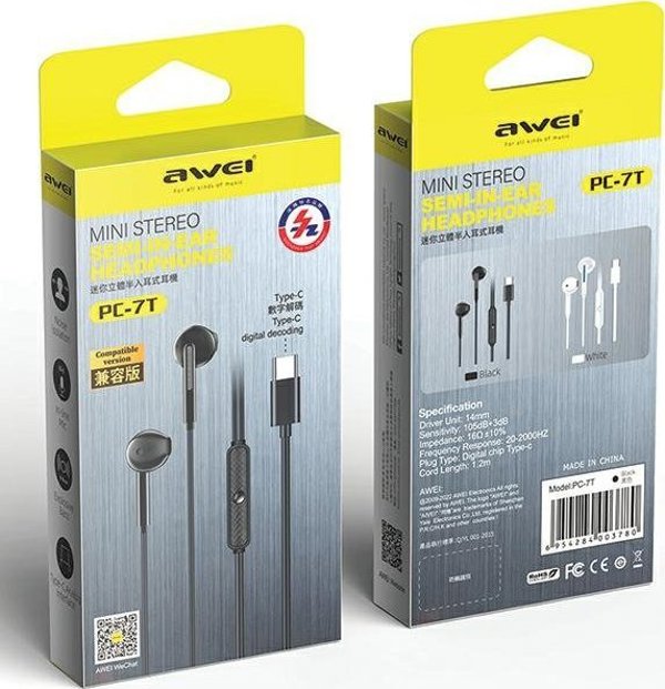 Awei Sluchawki stereo Pc-7T Usb-C 1.2M czarny