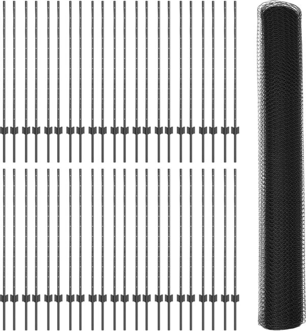 vidaXL Σετ 22 μεταλλικών πασσάλων U-Channel γκρι 120 εκ. και εξάγωνο γκρι φράχτη 1,2x100 μ από χάλυβα