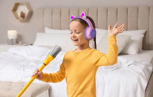 PowerLocus Bobo Ασύρματα Ακουστικά για Παιδιά, Bluetooth, Σχέδιο Αυτιά Γάτας, Ροζ
