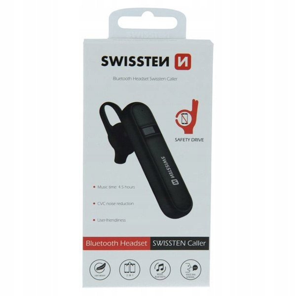 Swissten Bluetooth Headset Caller, Handsfree Ακουστικό με Ρύθμιση Έντασης, Μαύρο