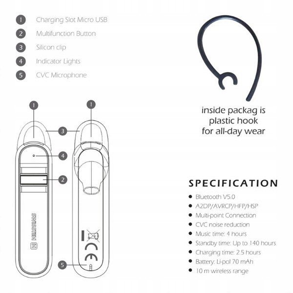 Swissten Bluetooth Headset Caller, Handsfree Ακουστικό με Ρύθμιση Έντασης, Μαύρο