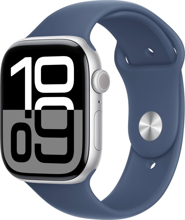 Apple Watch Σειρά 10 (GPS) 42mm Ασημί Αλουμινένια Θήκη με Μπλε Τζιν Αθλητικό Λουράκι, S/M (MWWA3)