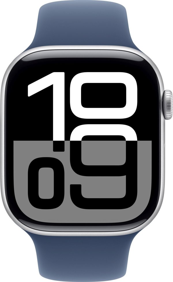 Apple Watch Σειρά 10 (GPS) 42mm Ασημί Αλουμινένια Θήκη με Μπλε Τζιν Αθλητικό Λουράκι, S/M (MWWA3)