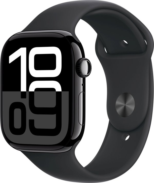 Apple Watch Σειρά 10 (GPS + Cellular) 46mm Καθρέφτης Μαύρο Αλουμινένιο Κουτί με Μαύρο Αθλητικό Λουράκι, M/L (MWY43)