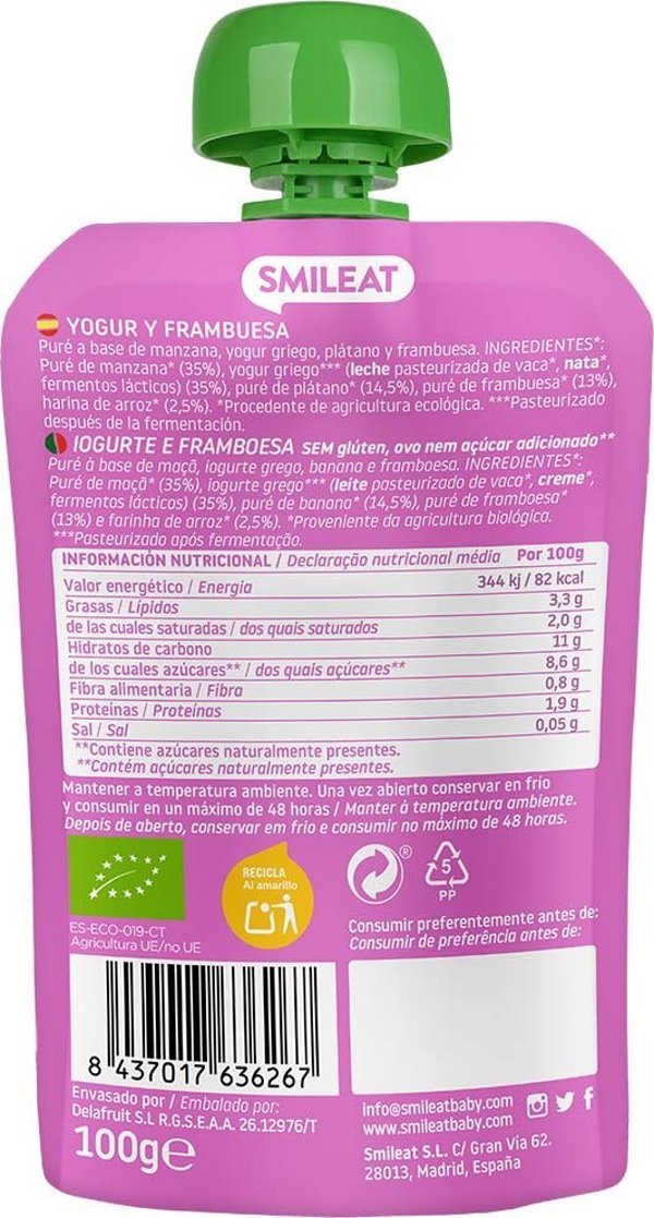 Smileat Smileat, BIO Mus z ekologicznymi malinami i jogurtem, 100g