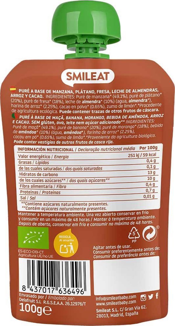 Smileat BIO Μους με βιολογικά αμύγδαλα, κακάο και φράουλες, 100g
