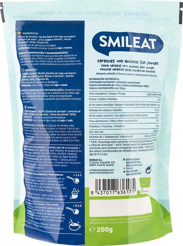 Smileat Οργανική χωρίς γλουτένη κρέμα για βρέφη με κινόα και ρύζι, 200g