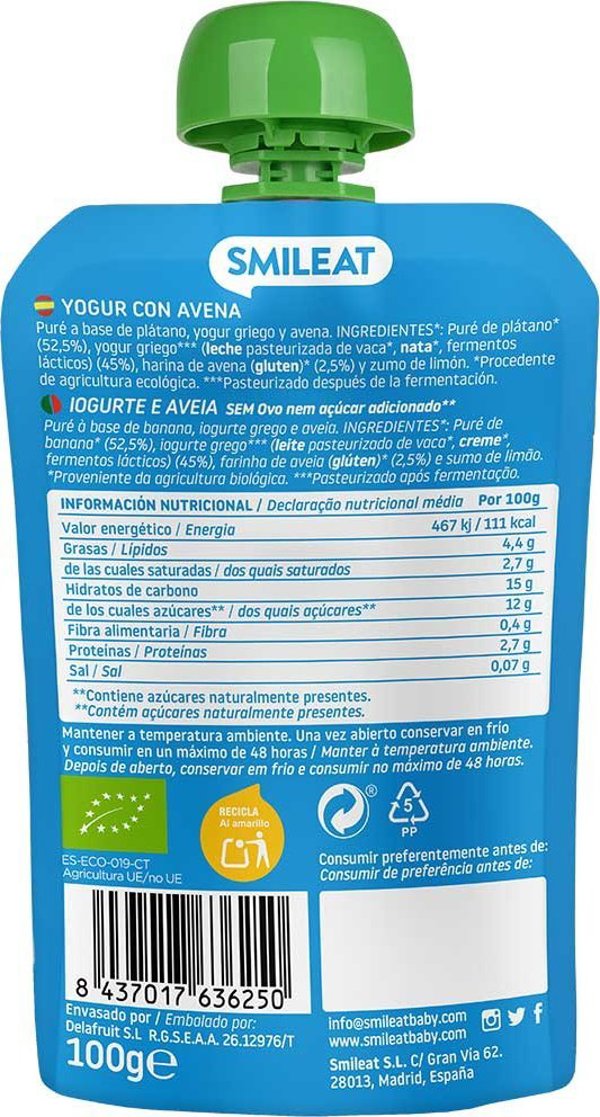 Smileat BIO Μους με οργανικά νιφάδες βρώμης και γιαούρτι, 100g