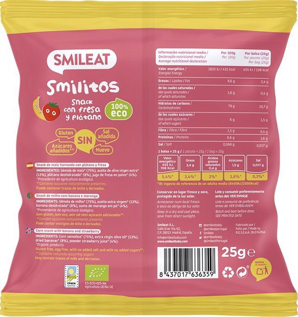 Smileat BIO Smilitos, Ekologiczna przekaska kukurydziana o smaku truskawki i banana, 25g
