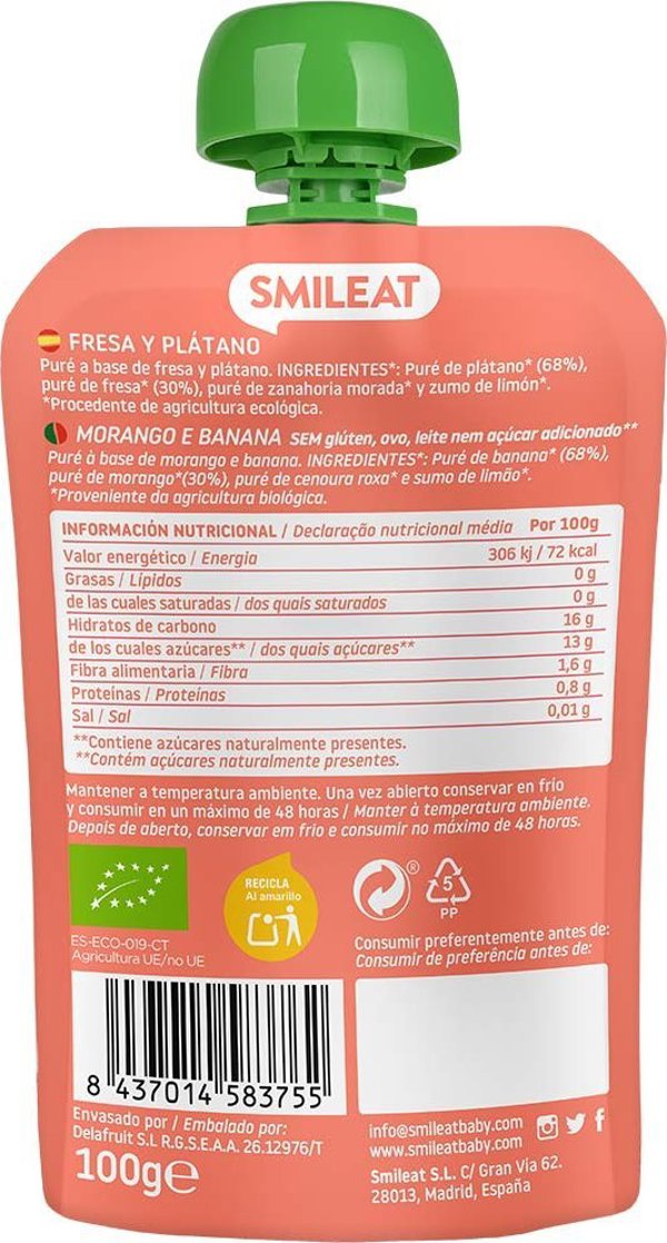 Smileat BIO Mus z ekologicznymi truskawkami i bananem, 100g