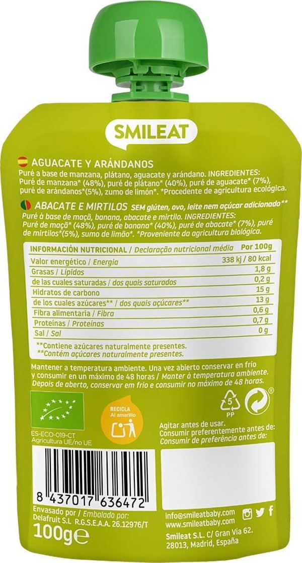 Smileat BIO Mus z ekologicznymi jagodami i awokado, 100g