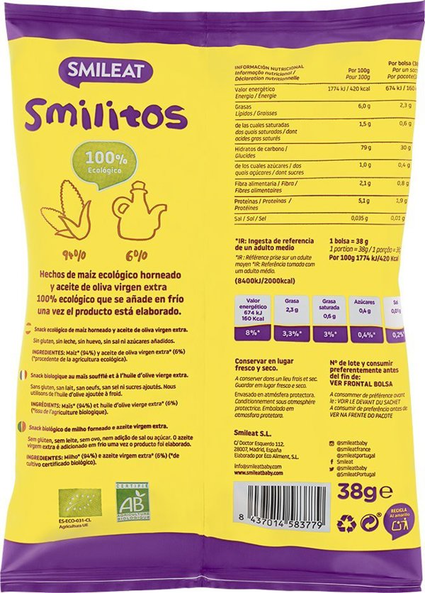 Smileat BIO Smilitos, Οργανικό σνακ καλαμποκιού, 38g