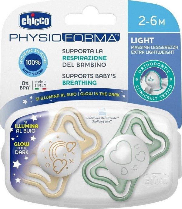 Chicco Πιπίλα Ηρεμίας Physio Light Σιλικόνης Lumi, 2-6 Μηνών, 2τμχ