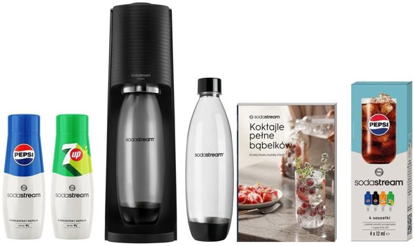 SodaStream Terra black | 2 bottles x 1 L | 2 syrups x 400 ml Pepis/7 Up + book + set of sachets