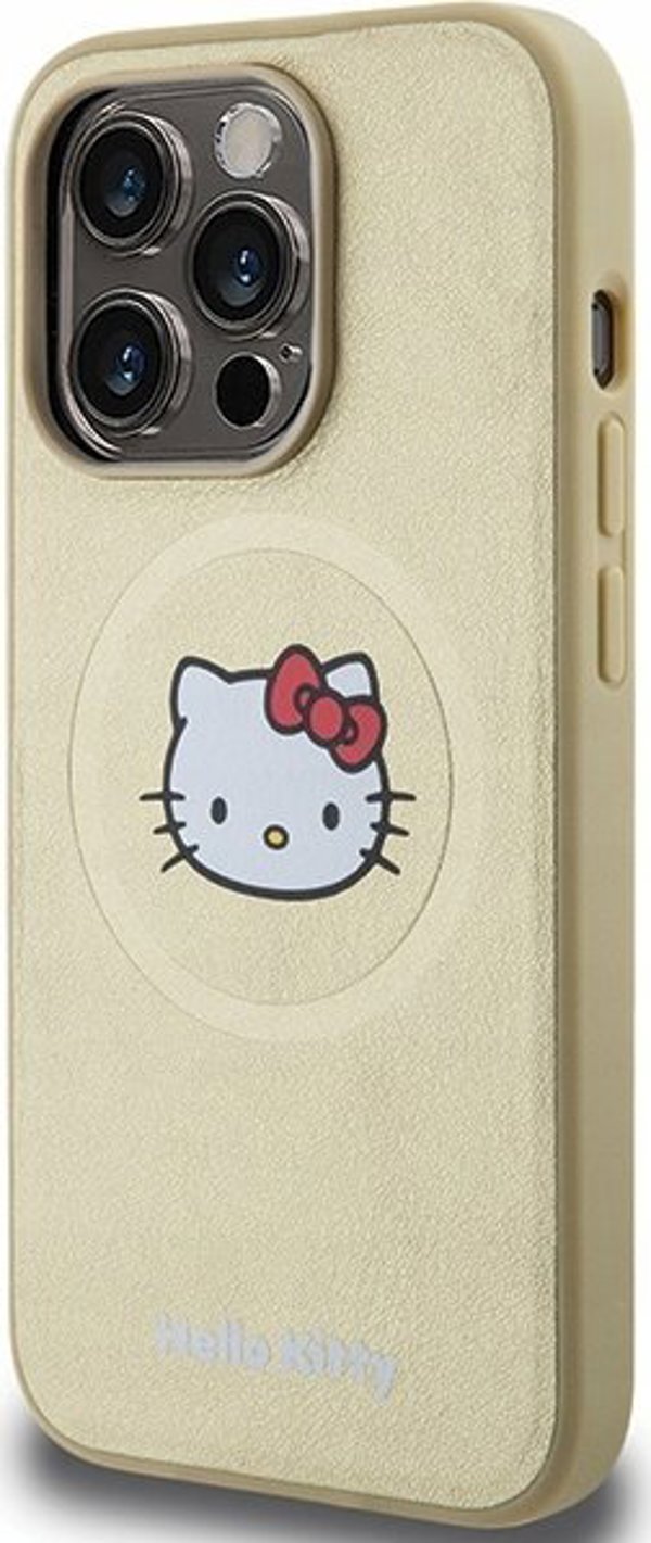 Θήκη Sourcing Hello Kitty MagSafe για iPhone 15 Pro 6.1" - Δερμάτινη με Κεφάλι Kitty, Χρυσή
