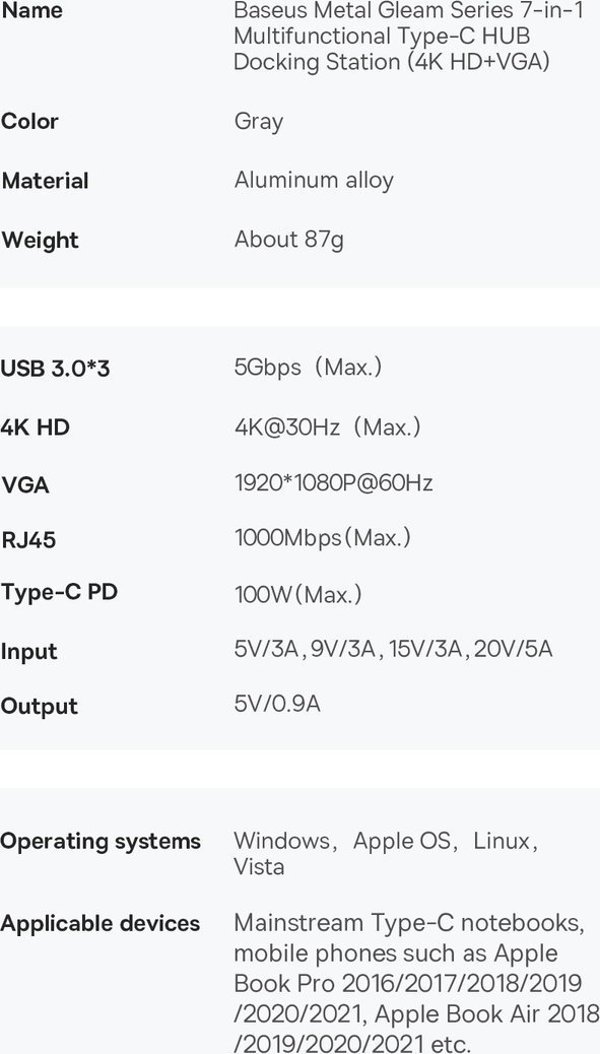 Baseus Metal Gleam Series Hub 7in1 USB-C Docking Station - 4K HDMI, USB 3.0, Power Delivery (WKWG040013)