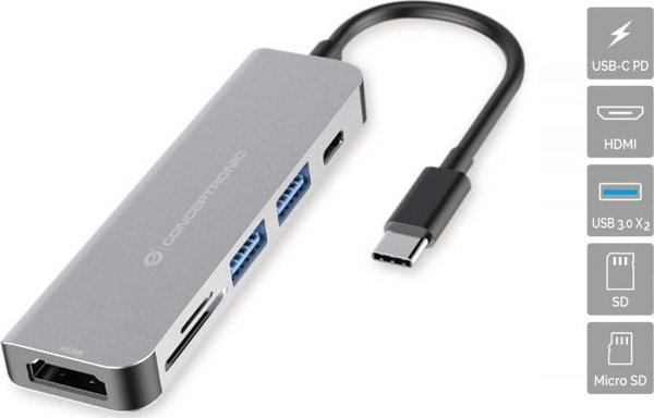 Conceptronic DONN02G USB-C Multiport Hub 6-σε-1, με HDMI, USB 3.0, Power Delivery και Αναγνώστη Καρτών SD/MicroSD