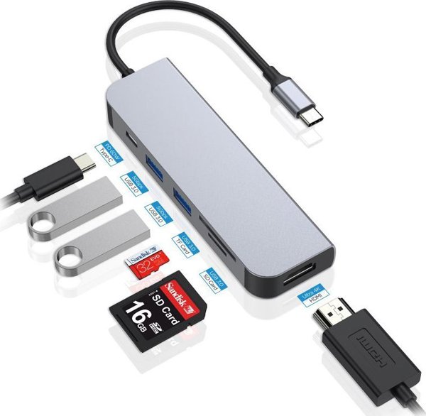 Conceptronic DONN02G USB-C Multiport Hub 6-σε-1, με HDMI, USB 3.0, Power Delivery και Αναγνώστη Καρτών SD/MicroSD