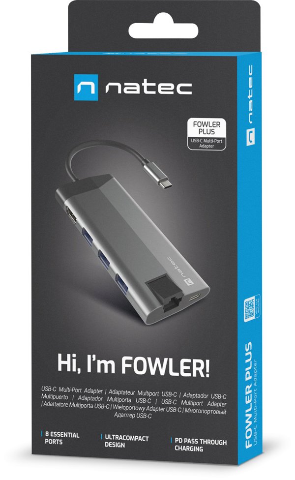 Natec Fowler Plus USB-C Hub 8-in-1, Σταθμός Σύνδεσης με 3x USB 3.0, HDMI 4K και Card Reader (NMP-1690)