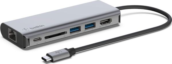 Belkin USB-C Multiport Hub 6 σε 1, Αντάπτορας με HDMI, 2x USB-A, Ethernet & Card Reader, Γκρι (AVC008btSGY)