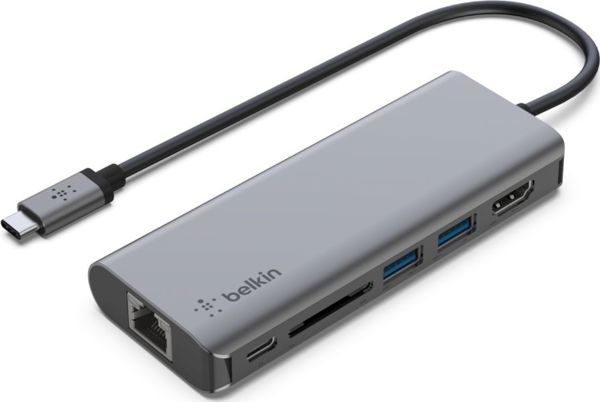 Belkin USB-C Multiport Hub 6 σε 1, Αντάπτορας με HDMI, 2x USB-A, Ethernet & Card Reader, Γκρι (AVC008btSGY)