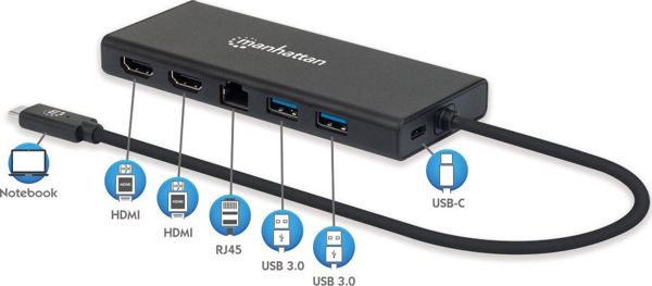 Manhattan USB-C Multiport Docking Station 152747 με HDMI, Gigabit Ethernet, Μαύρο