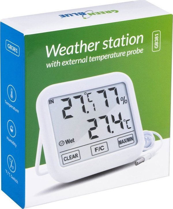 GreenBlue GB381 Ψηφιακός Μετεωρολογικός Σταθμός με Εξωτερικό Αισθητήρα 1.5m, Ένδειξη Θερμοκρασίας & Υγρασίας