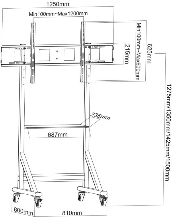 Βάση κινητού TV 55-100” έως 120kg με ρυθμιζόμενο ράφι AV