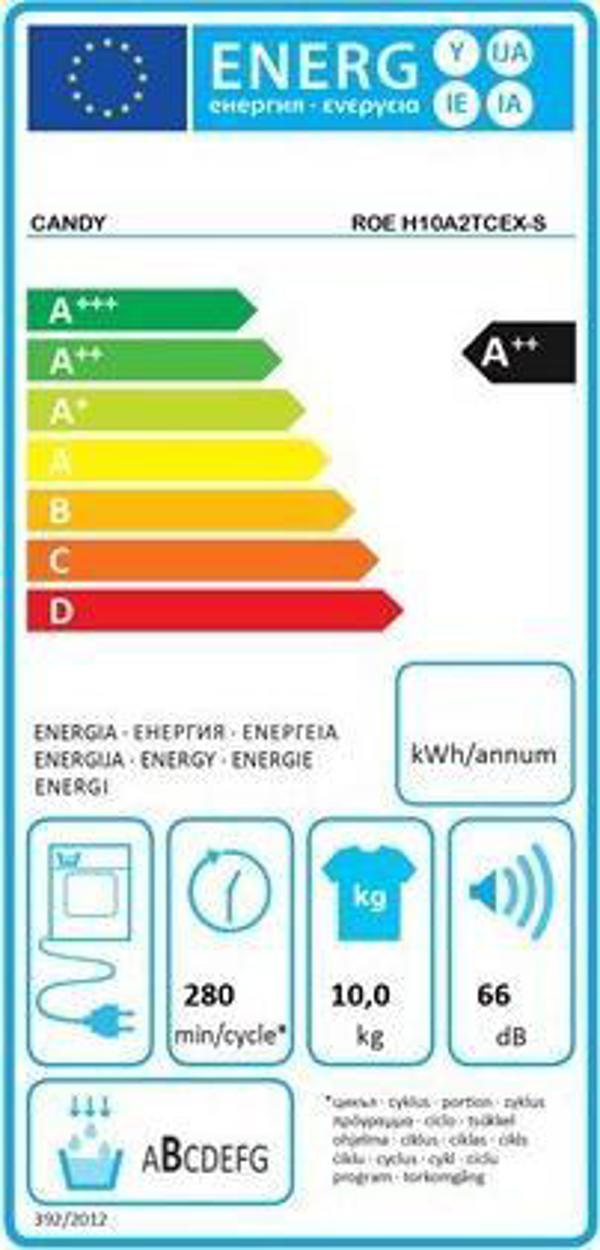 Στεγνωτήριο Candy Candy ROE H10A2TCEX-S Ενεργειακή κλάση A++, Μπροστινή φόρτωση, 10 kg, LED, Βάθος 58.5 cm, Λευκό