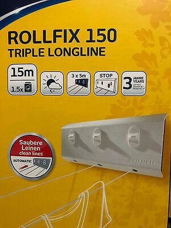 Leifheit Rollfix 150 Triple Longline Απλώστρα Ρούχων Τοίχου, 15m Σχοινί, Λευκό