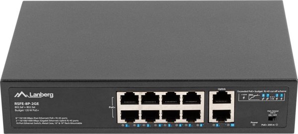 Lanberg RSFE-8P-2GE-120 PoE+ Switch, 8 Θυρών, 10/100/1000Mbps, 120W