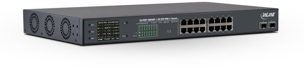 Switch InLine InLine® PoE++ Gigabit Network Switch 16 Port, 1Gb/s, 2x SFP, 48,26cm (19" 1U, brackets incl.), Metal, fan control, w/display, password protection, 300