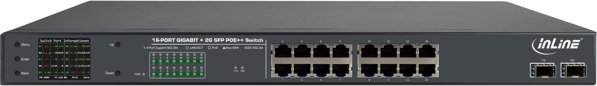 Switch InLine InLine® PoE++ Gigabit Network Switch 16 Port, 1Gb/s, 2x SFP, 48,26cm (19" 1U, brackets incl.), Metal, fan control, w/display, password protection, 300