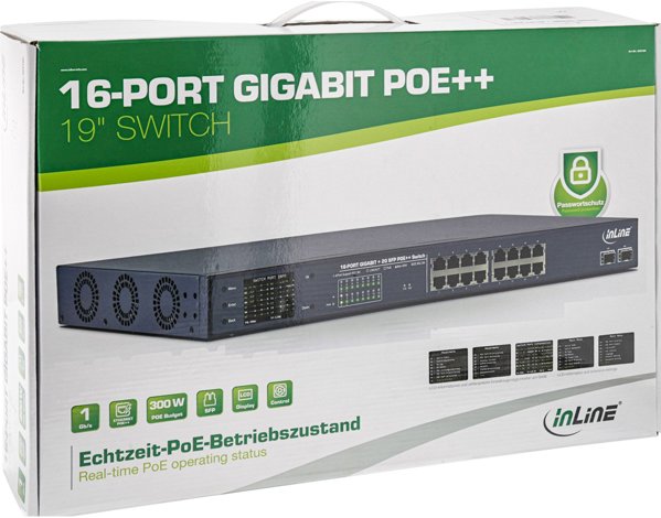 Switch InLine InLine® PoE++ Gigabit Network Switch 16 Port, 1Gb/s, 2x SFP, 48,26cm (19" 1U, brackets incl.), Metal, fan control, w/display, password protection, 300