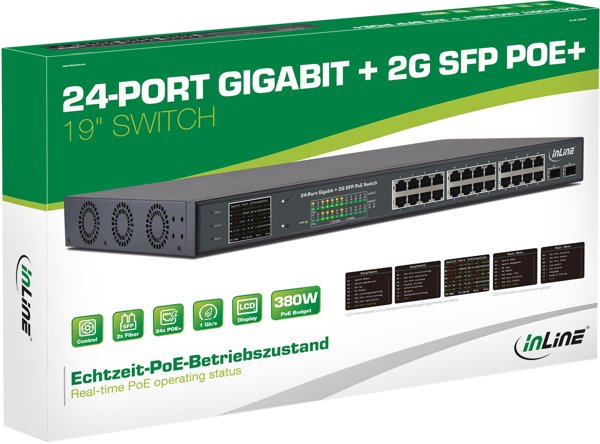 Switch InLine PoE+ Gigabit 24 Θυρών 1GBit/s, 2x SFP, 48,26cm (19"), Μέταλλο, με οθόνη, 420W