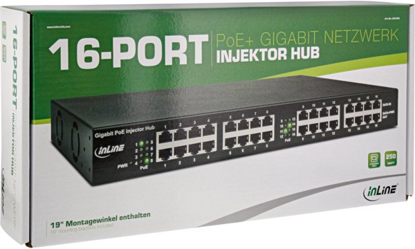 Switch InLine InLine® PoE+ Gigabit Network Injector Hub 16 Port (16x PoE+), 1Gb/s, 19" 1U (brackets included), metal, 2 fans