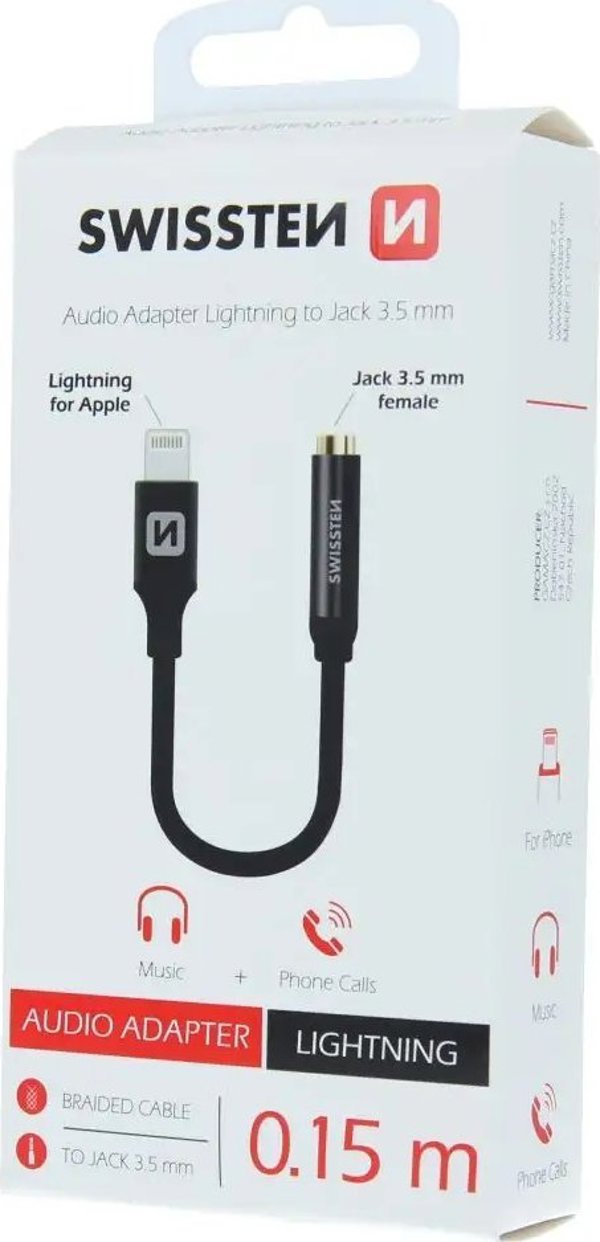 Swissten Audio adapter textile Lightning /jack 0,15 m black