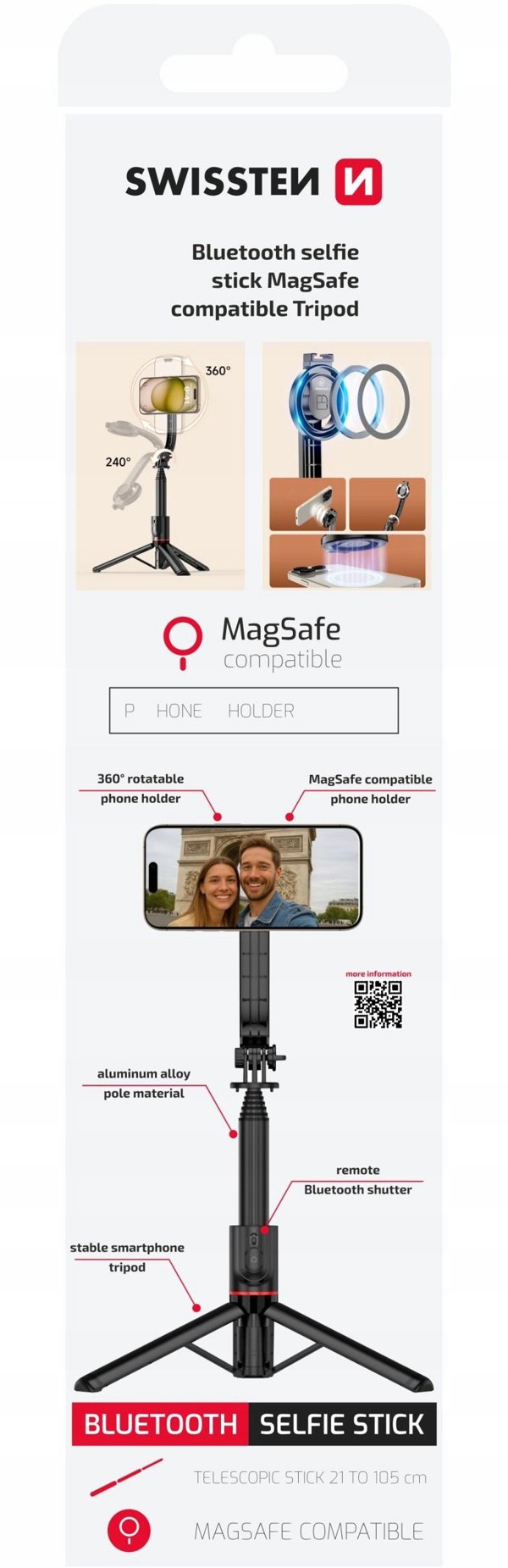 Swissten Bluetooth Selfie Stick Tripod (compatible with MagSafe)