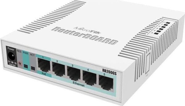 MikroTik RB260GS Gigabit Smart Switch, 5 Θύρες Ethernet, Υποστήριξη PoE, Λευκό