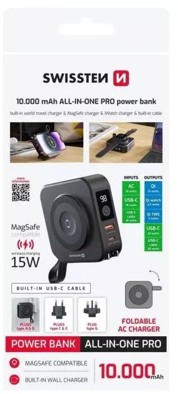SWISSTEN, Powerbank, ALL-IN-ONE PRO, Li-Pol, 5/9/12V, do �adowania telefon�w i innych urz�dze�, 22013978, 10000mAh, kabel USB-C, 1