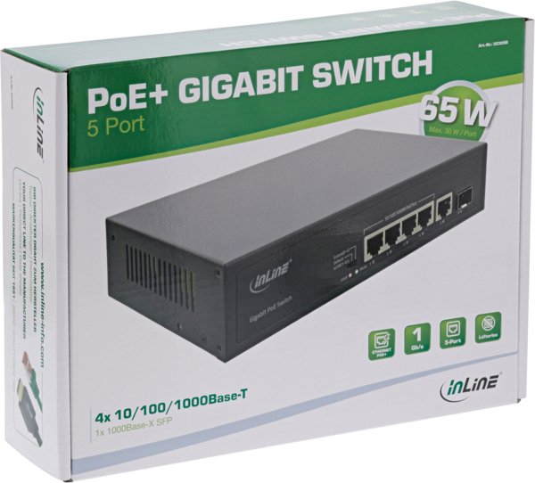 Switch InLine InLine® PoE+ Gigabit Network Switch 5 Port (4x PoE+), 1xSFP, 1Gb/s, desktop, metal, without fan