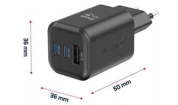 Swissten Travel Charger GaN 2x USB-C / PD USB-A / 18W QC / 65W