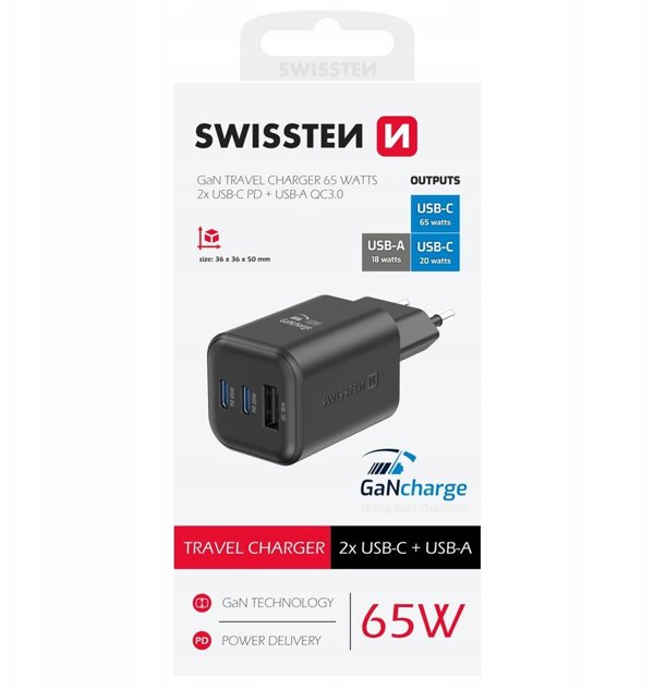 Swissten Travel Charger GaN 2x USB-C / PD USB-A / 18W QC / 65W