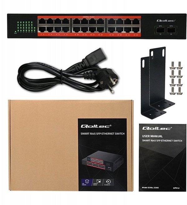 Qoltec Μη-διαχειριζόμενος Switch Gigabit Ethernet PoE | 24x RJ45 | 2x SFP | 1000 Mb/s