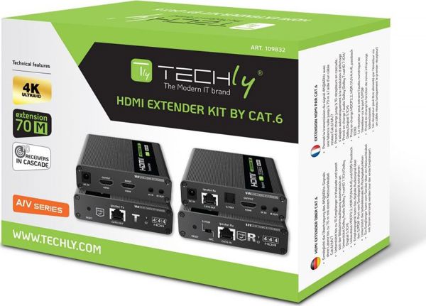 Techly HDMI 4K UHD 60Hz Extender 70m, Σύστημα Μετάδοσης Σήματος AV μέσω Cat6/6A/7, Μαύρο