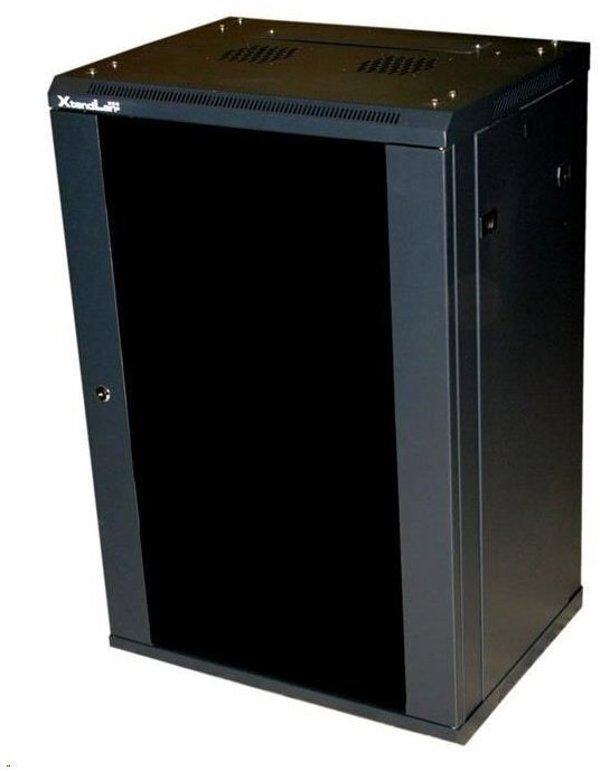 Szafa XtendLan XtendLan 19" nástěnný rozvaděč 18U 600x600, nosnost 60 kg, skleněné kouřové dveře, rozložený, černý