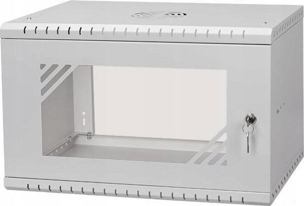 Szafa Lexi-NET 19 szafki scienne Basic 6U 520x450, szklane drzwi, bez tylu, rozlozony, szary